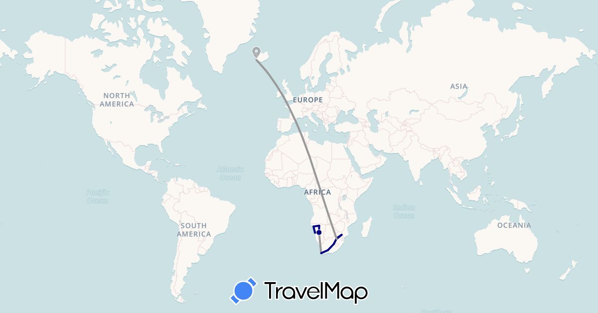 TravelMap itinerary: driving, plane in Iceland, Namibia, South Africa (Africa, Europe)
